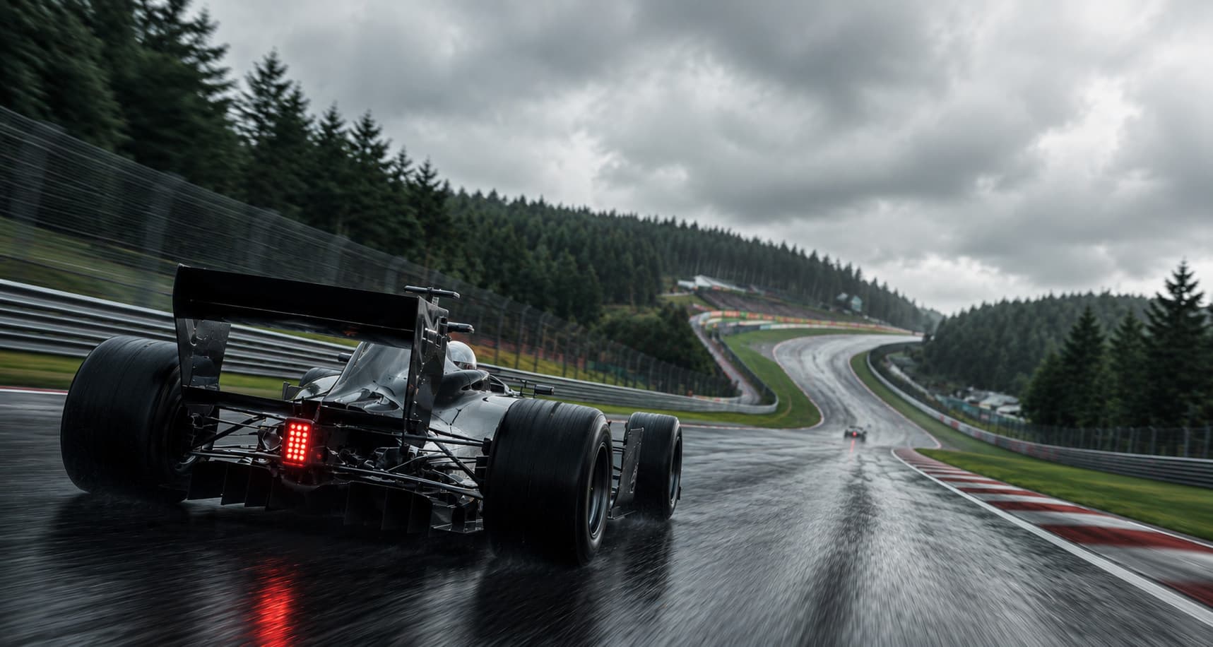 Formula car at speed through the rain at Spa-Francorchamps